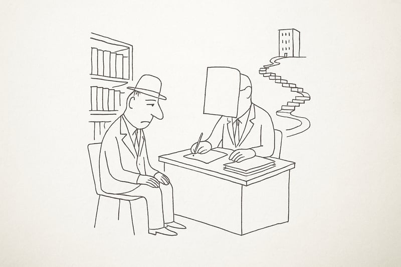 Monochrome tekening van een kleine spinner naast een open hand; een zachte glimlach suggereert dat willekeur de lat verlaagt en oefenen veilig maakt.